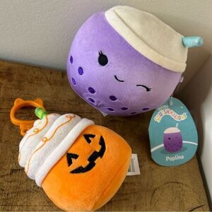 Squishmallows Poplina Purple Boba Tea NWT & Halloween Pumpkin Latte Keychain